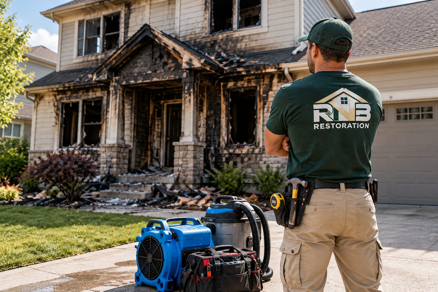 RNB Restoration technician assessing a fire-damaged house