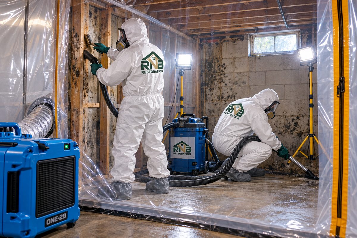 Two RNB Restoration technicians setting up mold containment