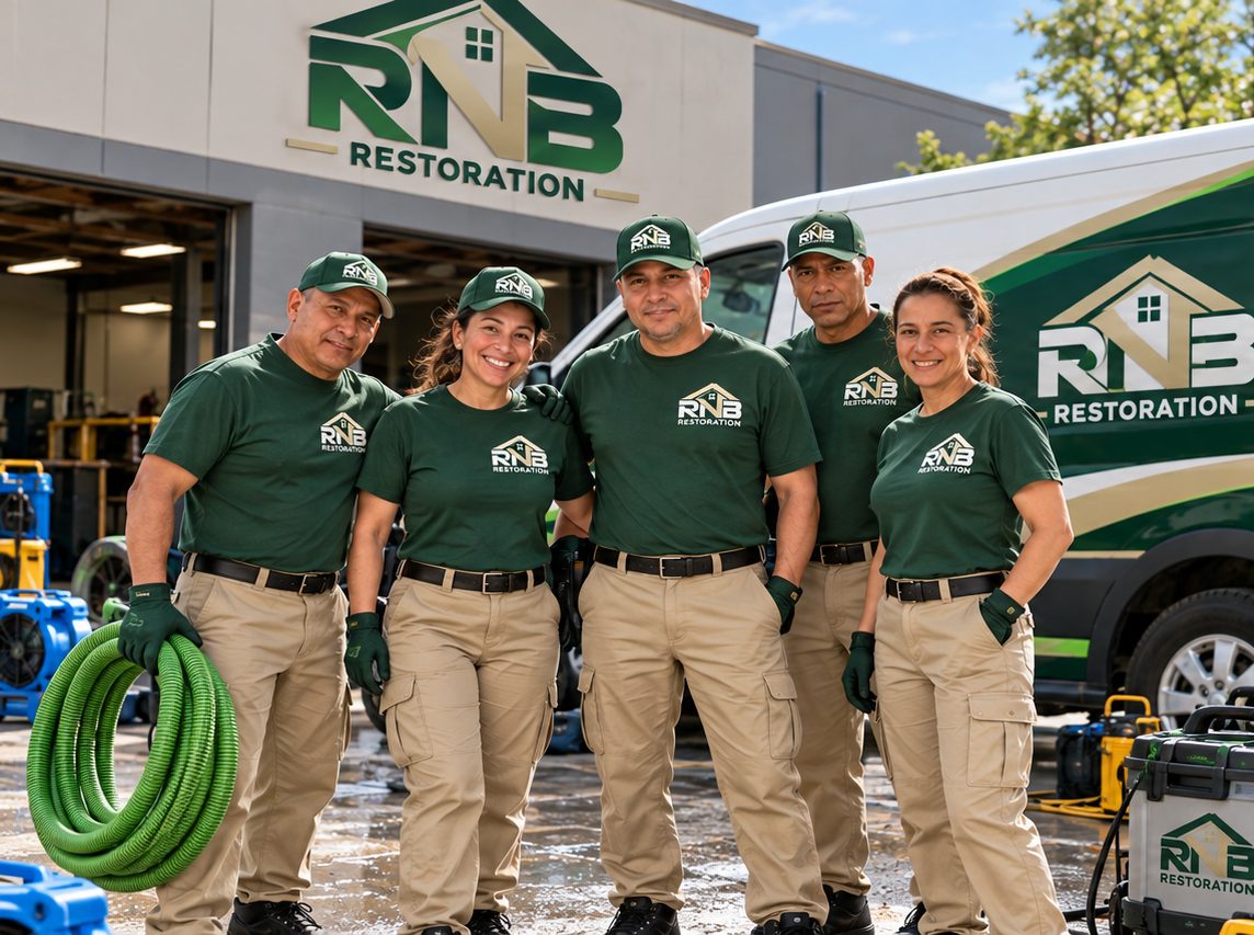 The RNB Restoration crew in front of the shop and company van
